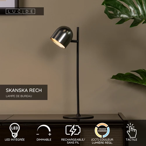 Lucide SKANSKA RECH - Lampe de bureau Rechargeable Intérieur/Extérieur - Batterie/Piles - LED Dim. - CCT - 1x3W 3000K/6000K - IP44 - Fer gris - USP